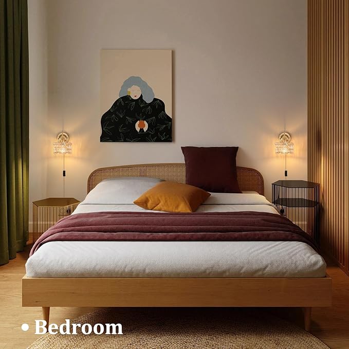 Plug in Wall Sconce Set of 2, Gold Vintage Wall Lights with Amber Ripple Glass Shade, Indoor Brass Corded Wall Lamp Fixture for Bedroom Living Room Bathroom Hallway