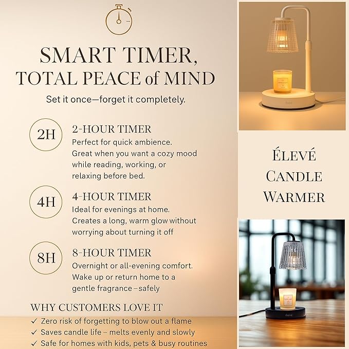 Elegant Electric Candle Warmer Lamp with Timer, Minimalistic Glass Shade, Adjustable Dimmer, Flameless Candle Warmers for Unique Home Decor, Cozy Gifts for Easter & Housewarming (Black)