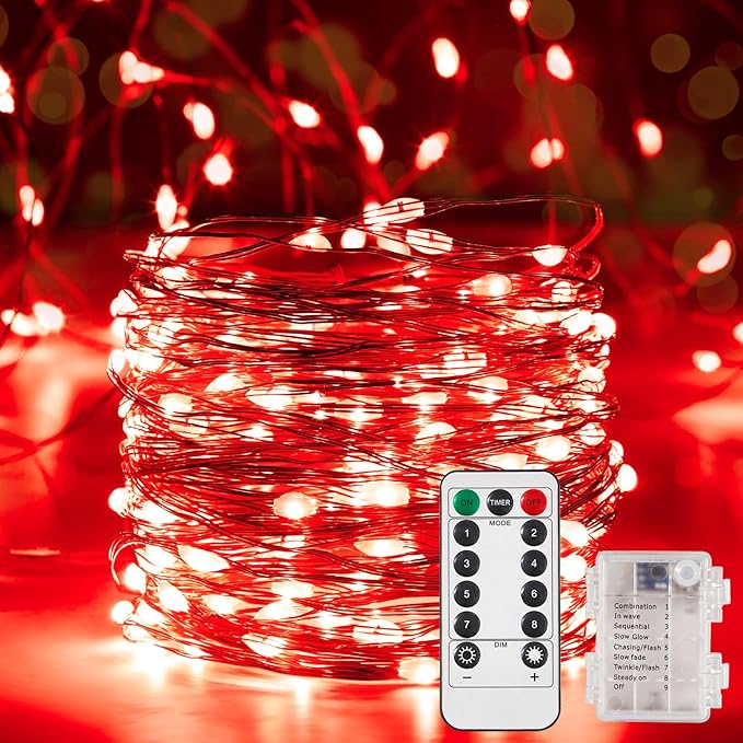 4 Pack 16.4 Ft. Battery Operated Outdoor String Lights with Remote & Timer, LED Red Fairy Lights, Waterproof Twinkle Lights for Bedroom, Dorm, Mason Jar, Wedding, Party, Christmas