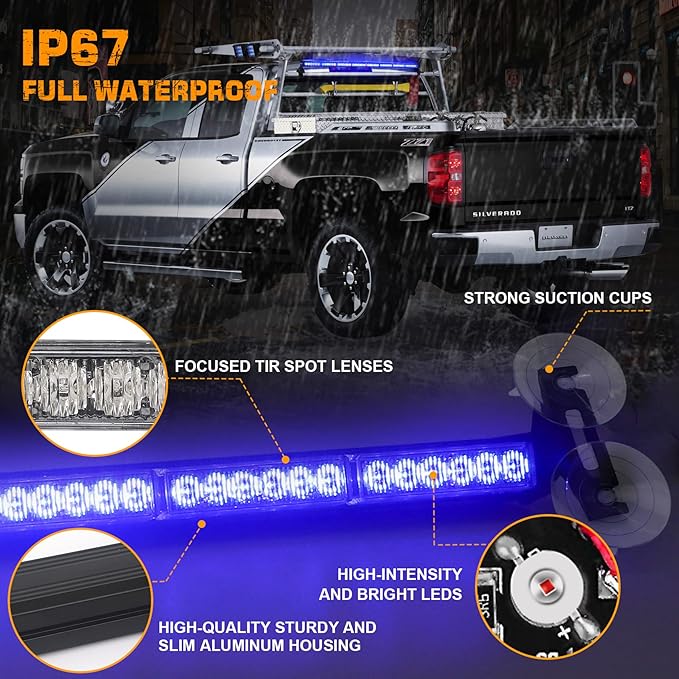 XRIDONSEN 35 inch Traffic Advisor Light Bar 48 LED Blue Emergency Lights Safety Flashing Warning Strobe Lights Front/Rear Window w/Display Controller for Police Firefighter Ambulance Vehicles Trucks