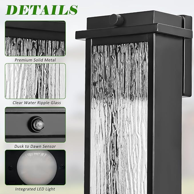 16" Black Dusk to Dawn LED Outdoor Wall Light, Large Exterior Lighting Fixture, Modern Outside Wall Mounted Porch Sconce, Waterproof Patio Lantern Lamp with Sensor, 1 Pack
