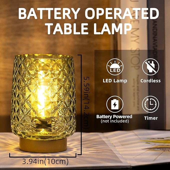 MJ Cordless Lamp with Timer - Battery Operated Green Aesthetic Lamp for Valentine's Day Battery Lamps for Home Cordless Kitchen Countertop Small Beside Lamps for Living Room, Entryway, Dorm