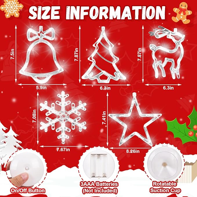 Asaint 5Pcs Christmas Window Lights Decorations,Lighted Bell Tree Reindeer Snowflake Star Battery Operated with Suction Cup for Christmas Window Glass Wall Indoor Decorations Muti-Color (White)