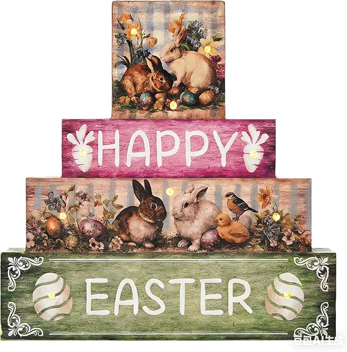 Vintage Easter Decorations Indoor - Led Bunny Retro Decor Light up Happy Easter Wooden Sign for Table Religious Home Office Indoor Decor 9 × 9 Inch