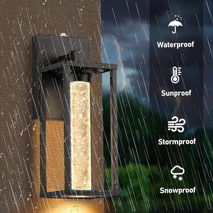 WIHTU Dusk to Dawn Porch Light, Sensor Outdoor Light Fixture for House with Crystal Bubble, Modern Matte Black Exterior Lighting Fixtures, 2 Pack Outside Lanterns for Garage Entryway