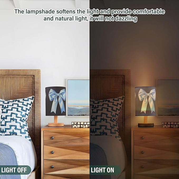 Light Blue Bow Ribbon Table Lamp with Wood Base Fabric Lamp Shade Bedside Nightstand Desk Lamp for Living Room Bedroom Kids Room Office
