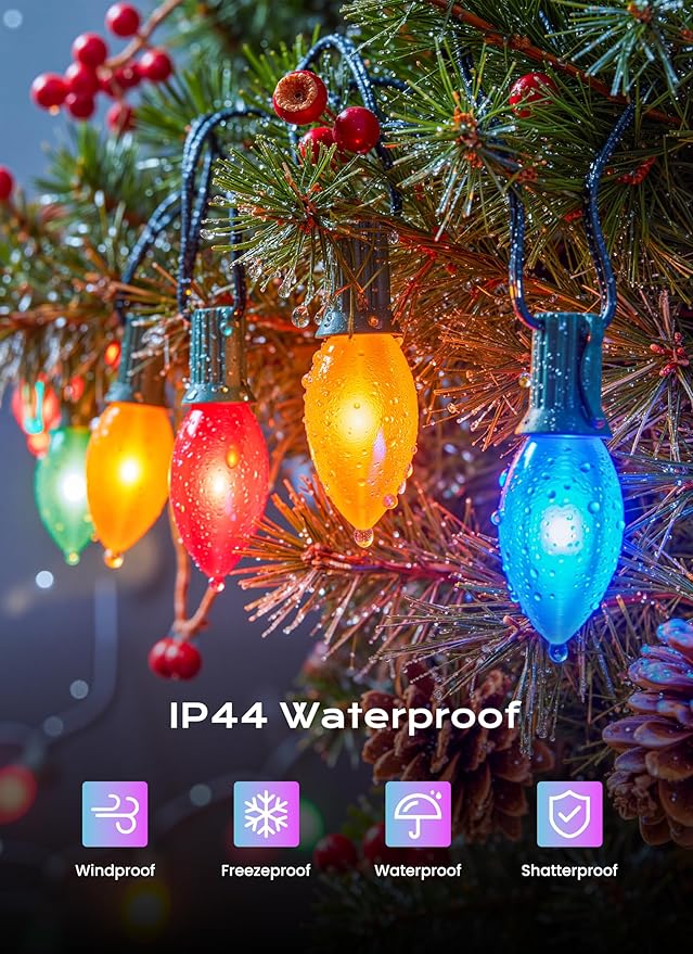 Brightown C9 LED Christmas Lights Outdoor, 25 FT 25 Multi-Colored Connectable C9 String Lights for Christmas Tree Patio Roofline Garden Backyard Holiday Party Indoor Outdoor Decoration, Green Wire