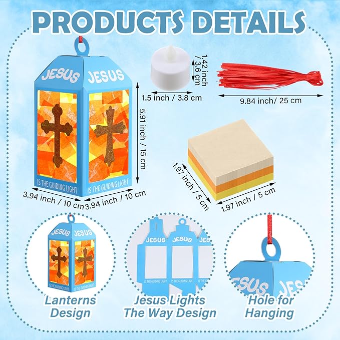 12 Sets Easter Crafts Religious Lanterns Crafts with LED Candles Lights Jesus Lights The Way Sunday School Tissue Paper DIY Oil Lamp Cross Hanging Ornament VSB Church Activity