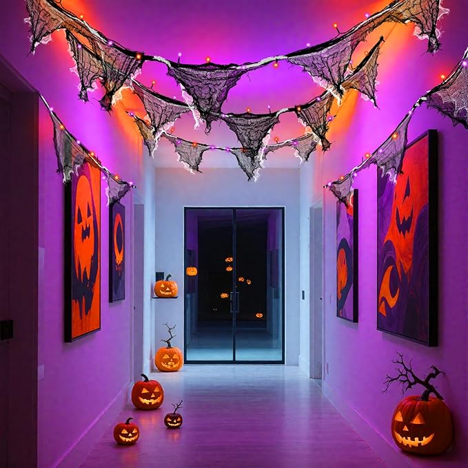 Halloween Lights Battery Operated or USB, Creepy Cloth String Lights with Timer Waterproof 9.8ft 30LED Orange and Purple String Lights Halloween Decortions for Fireplace Window Door Mirror