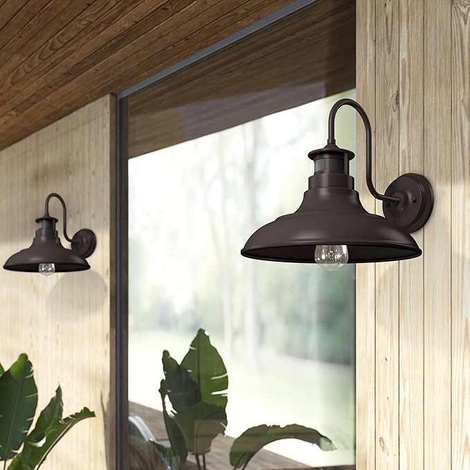 2 Pack Farmhouse Gooseneck Wall Sconce Barn Lights,Motion Sensor and Dusk to Dawn Outdoor Wall Mount Lighting Fixtures,3 Modes Exterior Porch Light IP65 Waterproof E26 Matte Brown Wall Lamp for Patio
