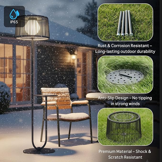 EcoGreen U-Shaped Solar Outdoor tanding Lamp with Table – 21×14×55 Inch Modern Outdoor Light, Solar Powered, 8H Warm Glow, Waterproof for Porch, Garden, Balcony(Gray, Single Pack)