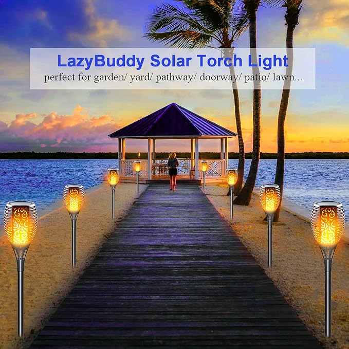 Solar Torch Light with Flickering Flame, Large Solar Fire Lights Outdoor, Landscape Decoration Lighting Security Tiki Torches for Garden, Pathway, Lawn, Auto On/Off Dusk to Dawn