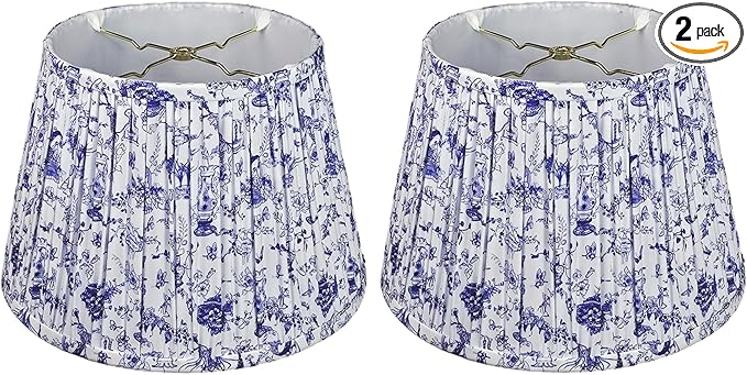 RDI Set of 2 Pleated Pattern Fabric Lampshade, Flora Collection, Medium Lamp shade, 10 x 14.5 x 10 inch (Top x Bottom x Height), Blue White Garden - 2 Pack