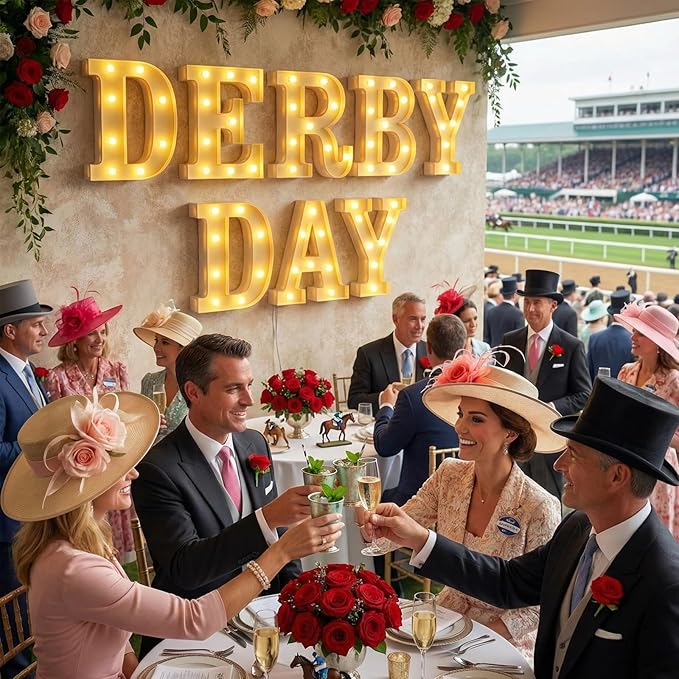 7 Pcs Derby Day Decorations Derby Day Large LED Letter Sign Battery Powered Light Hanging Decor for Party Decorations Indoor Outdoor
