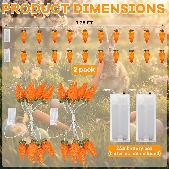 WILLBOND 2 Pack Easter Carrot Lights String 14.5ft 20-Count Orange Carrot Shaped Bunny Fairy Lights Battery Operated with 2AA Battery Box for Indoor Outdoor Easter Spring Party Decor