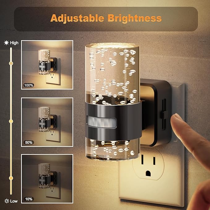 JandCase Motion Sensor Night Light, Night Lights Plug Into Wall, 2 Pack 3000k LED Dimmable Night-Lights with Adjustable Brightness, 0-100Lm, Motion Activated Nightlight for Bathroom, Hallway, Bedroom