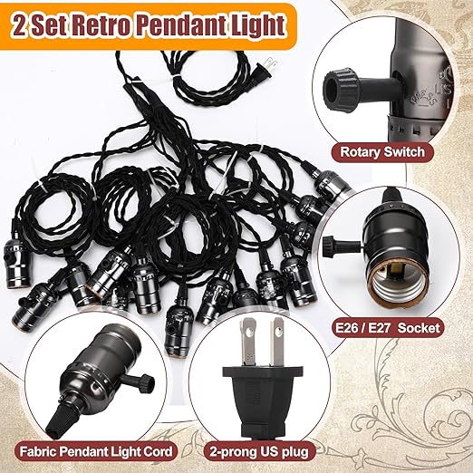1 Pcs Vintage Pendant Light Sockets Light Cord Kit with Switches DIY Bulb Socket with Cord for E26 E27 Lamp Socket Lantern Bedroom Living Room Decor (1 Plug with 14 Sockets,Black)
