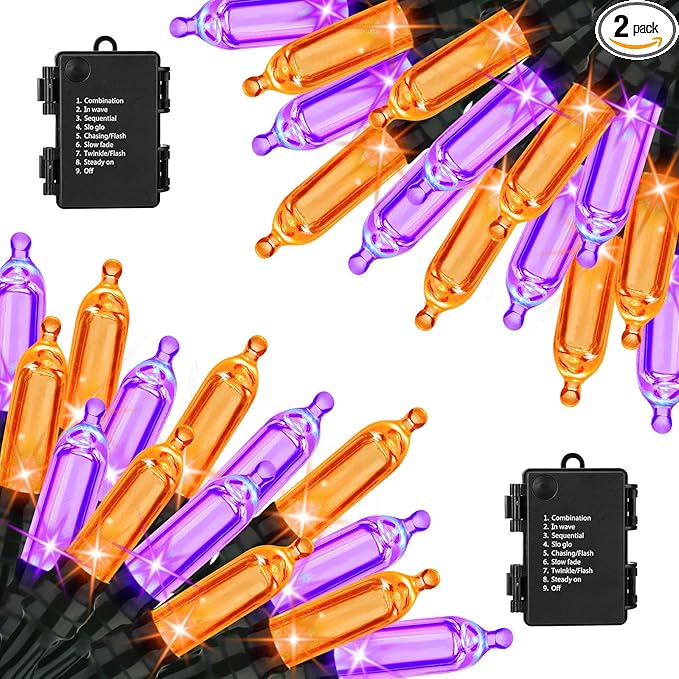 Lomotech Battery Operated Halloween Lights - 2 Pack Total 33ft 100 LED Orange Purple Battery Lights 8 Modes Waterproof with Timer for Home, Garden, Party, Holiday, Tree Decoration (Black Wire)