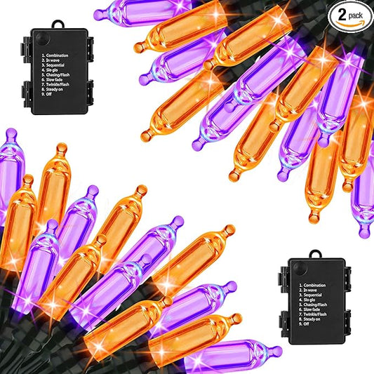 Lomotech Battery Operated Halloween Lights - 2 Pack Total 33ft 100 LED Orange Purple Battery Lights 8 Modes Waterproof with Timer for Home, Garden, Party, Holiday, Tree Decoration (Black Wire)