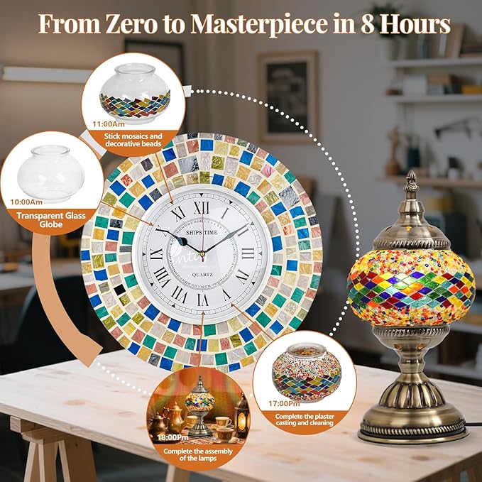 DIY Turkish Mosaic Lamp Kit, Stained Glass Table Lamp Making Kit- Easy and Fun, No Experience Needed, Mosaic Art & Craft Project Kits for Adults & Teens, Make Your Own Table Lamp, Multicolor
