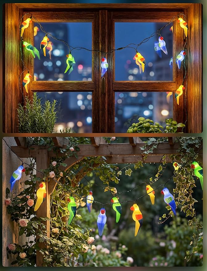 8.5Ft Parrot Outdoor String Lights, LED Tropical Themed Patio Lights with 10 Multicolor Birds Lights, Plug in Hanging Fairy String Lights for Backyard Summer Camp Window Decor Gift