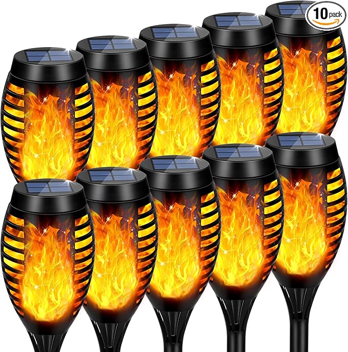 Solar Lights Outdoor, Upgraded 10 Pack Solar Torch Lights Outdoor Flickering Flame for Garden Decor, Waterproof Outdoor Lights Solar Powered, Tiki Torches for Outside Yard Patio Pathway Decor