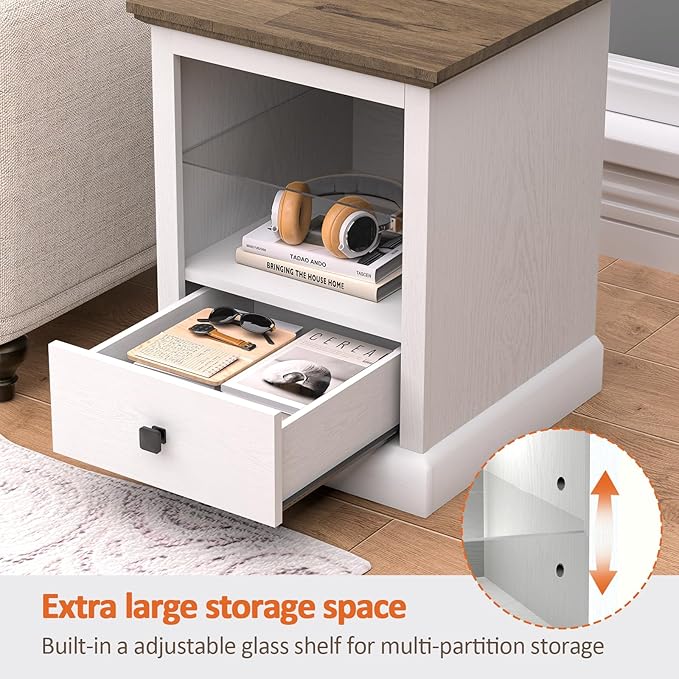 Rresyet White End Table Set of 2, Living Room Side Tables with LED Lights & Charging Station & Adjustable Shelf, Storage End Tables with Drawer, Bedroom Nightstands