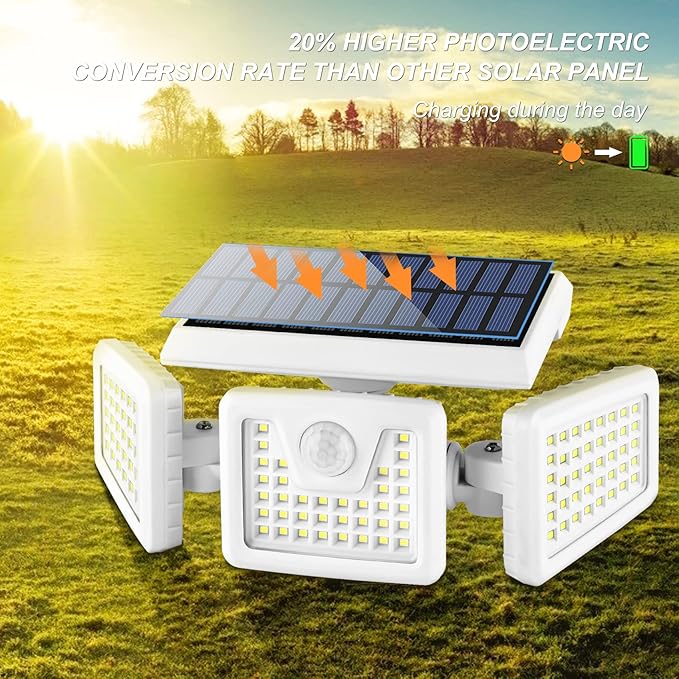 INCX Solar Lights Outdoor with Motion Sensor, 3 Heads Security Lights Solar Powered, 156 LED Flood Light Motion Detected Spotlight for Garage Yard Entryways Patio, IP65 Waterproof, White, 4 Pack