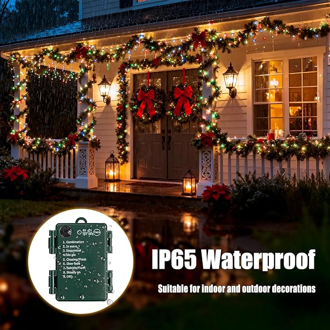 Battery Operated Christmas Lights - 4 Pack Total 66ft 200 LEDs Multicolor Christmas Lights with Timer, 8 Modes Waterproof Twinkle Lights for Indoor Outdoor Xmas Tree Wreath Party Holiday Decorations