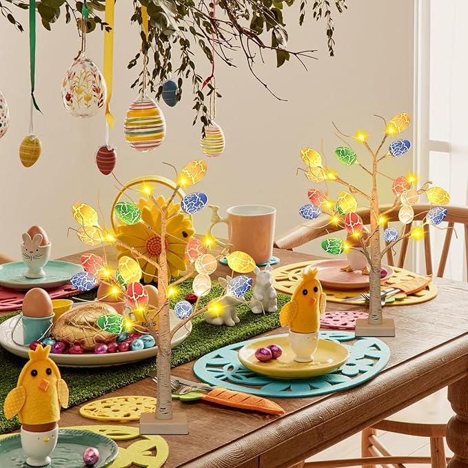 Easter Decorations 2 Pcs 24 Inch Pre-Lit White Birch Tree with 36 Eggs, 24 LED Battery Operated Tree Lights for Party, Home, Dining Table, Easter, Spring Decor