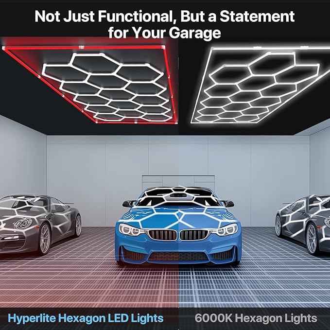 HYPERLITE Gen 2 Hexagon Garage Lights: 15 Grids with Border DIY Hexagon Led Lights, 6500K Ultra Bright, Easy Install Hex Light, Durable Design for Garage, Car Detailing, Workshops, Gym(Red)