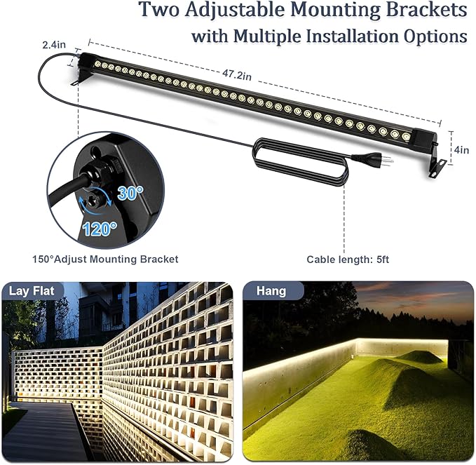 2 Pcs 4FT Wall Washer Light Bar, 72W Waterproof Outdoor Lighting, 4000K Natural White LED Lights, High Bright Wall Washer Lights Outdoor for Building Wall, Yard, Church, Batting Cage， 120V Plug in