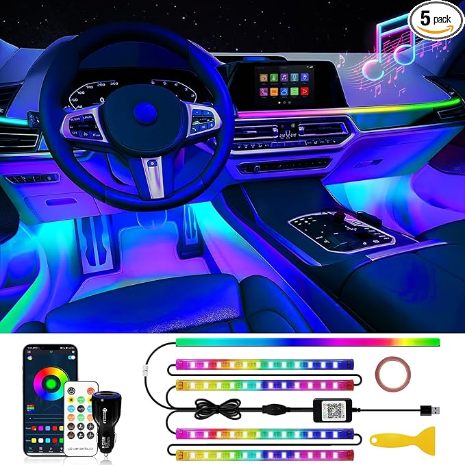 Car Led Light Interior, RGB Dreamcolor Inside Car Light Music Sync, Under Dash Footwell Automotive Strip Light, 12V Acrylic Strip Light for Vehicle, Truck,Jeep, SUV with Car Charger(1set)