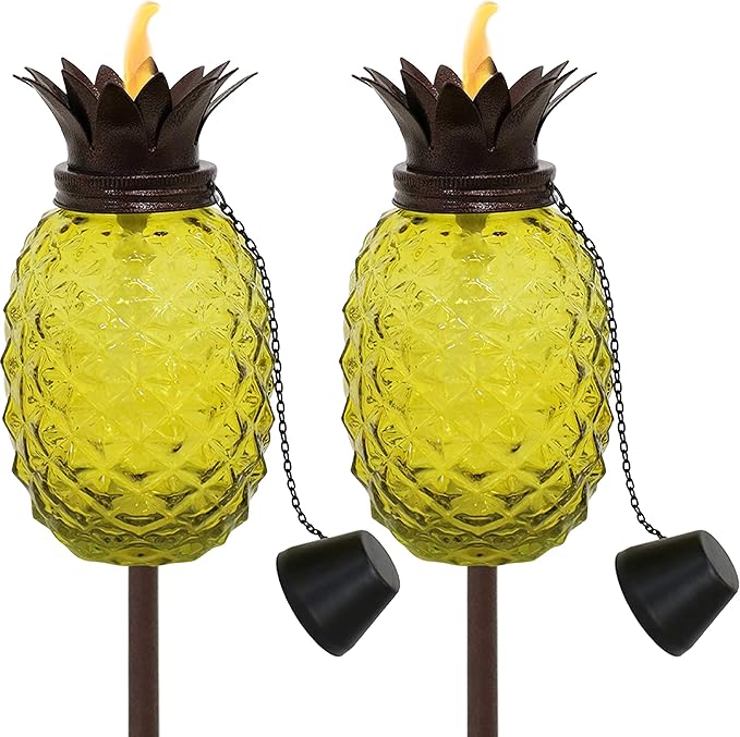 Sunnydaze Tropical Pineapple Glass Patio Torches Set of 2 - 23 to 63-Inch Outdoor Lawn Torch, Garden, Deck & Backyard - Yellow