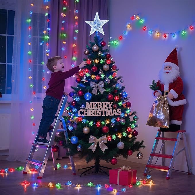 Christmas Lights Indoor Multicolor, 20FT 40 LED Colored Snowflake String Lights Battery Operated, Rechargeable Fairy Lights with 8 Modes & Timer for Bedroom Party Home Xmas Tree Decorations Multicolor