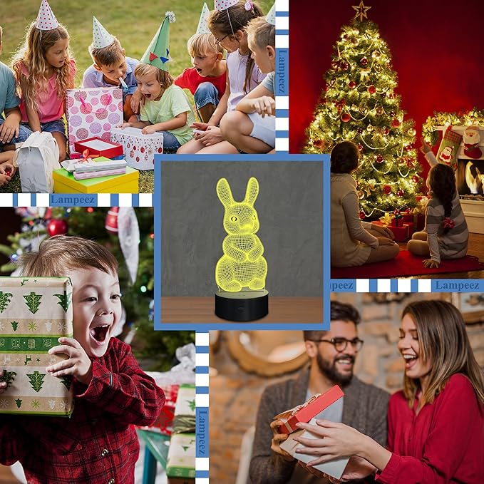 Lampeez 3D Rabbit Lamp Bunny Night Light 3D Illusion lamp for Kids, 16 Colors Changing with Remote, Kids Bedroom Decor as Xmas Holiday Birthday Easter Gifts for Boys Girls