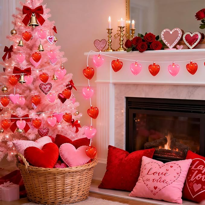 8.5Ft Valentines Day Decorations, Red & Pink Heart String Lights with 10 LED Clear Red and Pink Heart Lights, Connectable Romantic Valentine's Day Light for Wedding Valentine Anniversary Party