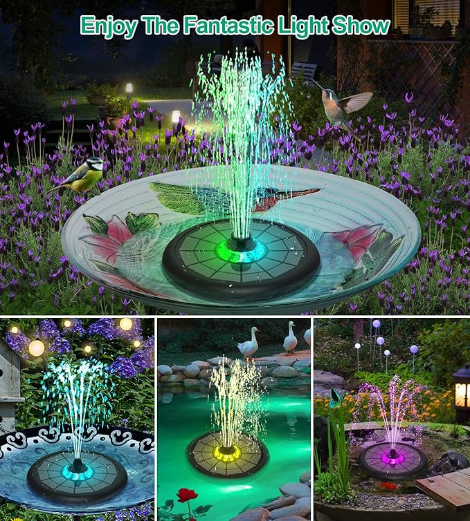 SZMP Solar Fountain Upgraded UFO Colorful Lights, 5W Solar Water Fountain Pump with 7 Nozzles & 4 Fixers, for Bird Bath, Garden, Pool, Outdoor Decor (Multicolor)