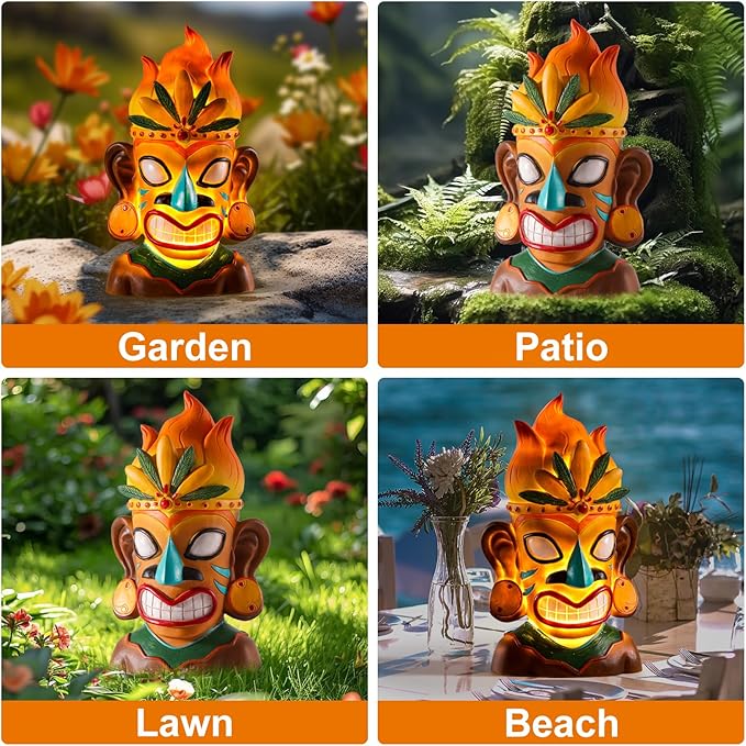 WINTS Solar Tiki Statue,Outdoor Tiki Statue with Solar Light,Flickering Flame Tiki Decor for Bar Yard Garden Patio Decoration -10 x 6 x 4.1 Inches