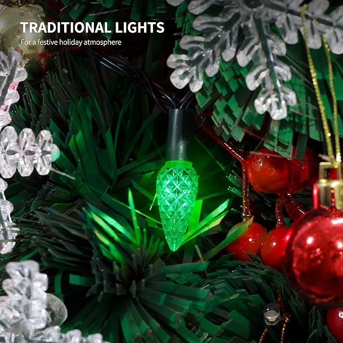 WATERGLIDE C6 Christmas Lights, 33ft 100 LED Faceted String Lights Green Wire Fairy Lights with 29V Safe Adaptor, 8 Lighting Mode, Waterproof for Indoor Outdoor Patio Xmas Tree Party Decor, Green