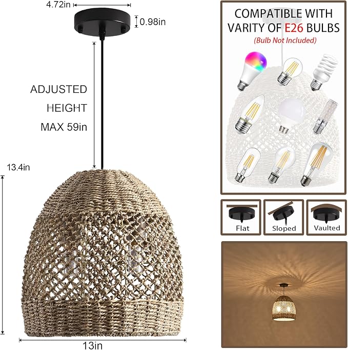 2-Light 13” Rattan Pendant Light, Boho Hand-Woven Light Fixtures, Natural Seagrass Wicker Rattan Hanging Chandelier for Farmhouse Kitche Dining Living Bedroom Foyer