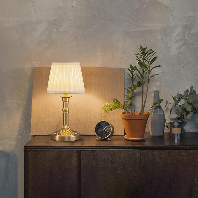 KDG Cordless Portables Table Lamp Set of 2, LED Fabric Shade Small Desk Lamps, 5000mAh Battery Powered Lighting, 2700K Stepless Dimmable Light for Living Room, Dining Room, Bedroom, Bedside (Gold)