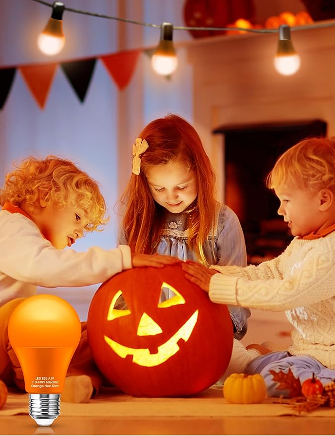 Orange Light Bulbs [4 Pack] - A19 LED Orange Bulbs 9W (60Watt Equivalent) - E26 Base Halloween Light Bulb Outdoor, Colored Light Bulbs for Halloween Christmas Party Porch Home Holiday Decorative