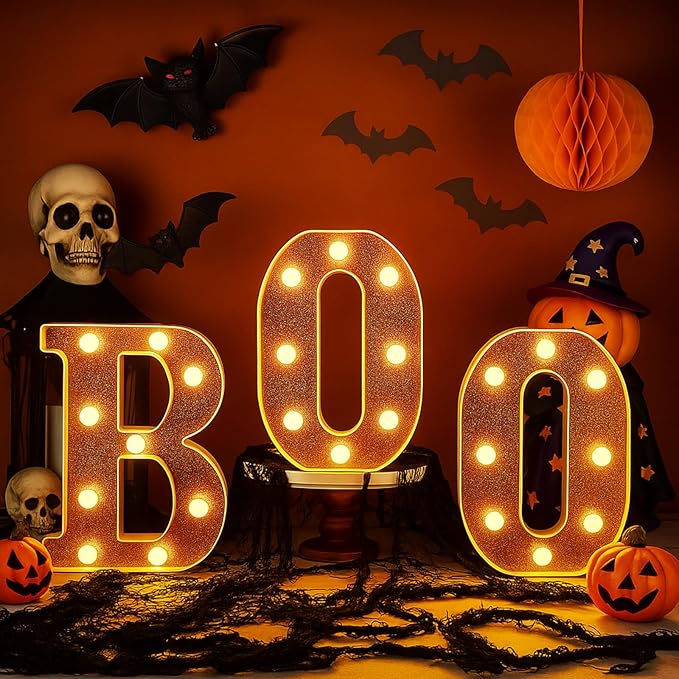 Baquler 3 Pcs Halloween Boo Decorations Light up Boo Sign Marquee LED Letters Lights Decor for Halloween Outdoor Home Room Kitchen Fireplace Tabletop Party Supplies(Orange)