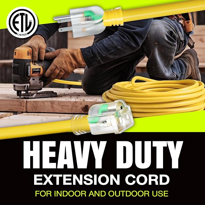 50ft Outdoor/Indoor Extension Cord 10/3 Gauge Ultra Heavy Duty 3 Prong SJTW, Waterproof, ETL Listed, Flexible Cold-Resistant Long Power Cord,15A 125V 1875W, Yellow by LifeSupplyUSA