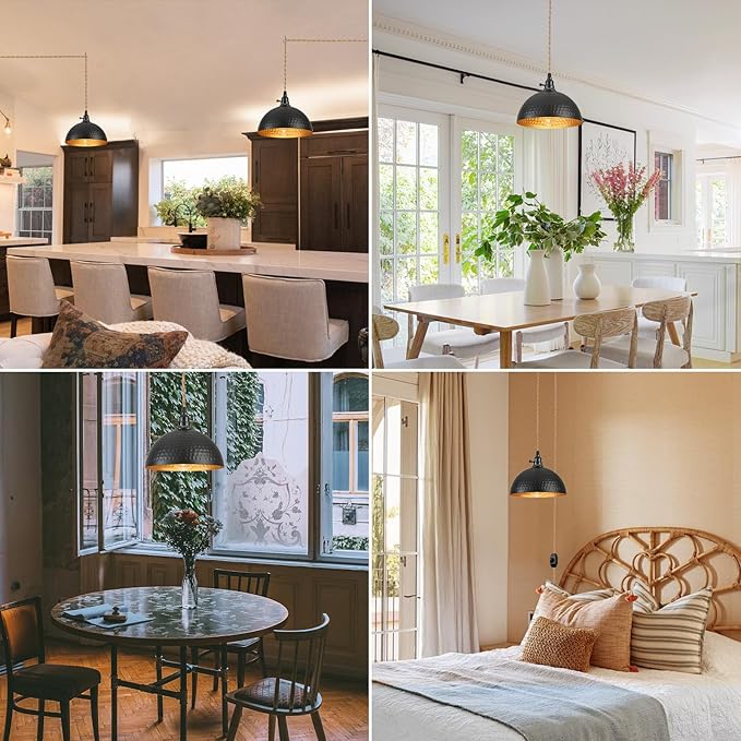 Plug in Pendant Lights Hammered Dome Hanging Lamp with Dimmable Switch 15 Ft Long Hemp Rope Farmhouse Pndant Light Cord Lighting Fixture DIY Hanging Light