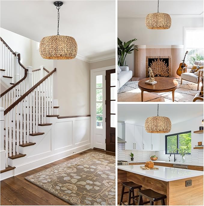 Farmhouse Boho Chandelier, 5-Light with Water Hyacinth Lampshade, for Dining Room, Kitchen Island, Bedroom, Living Room