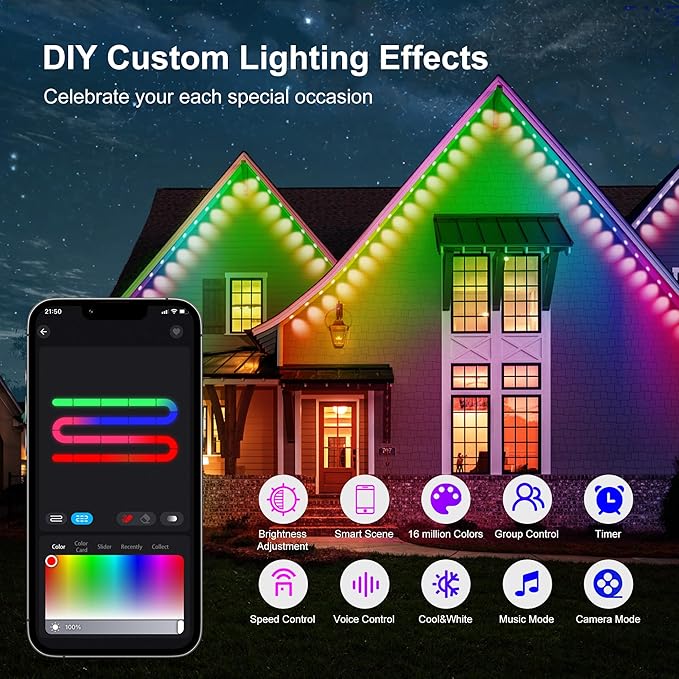 Permanent Outdoor Lights, 100ft RGB Outdoor Christmas Lights with 72 LED Lights, IP67 Waterproof LED Eaves Lights with DIY Scene Modes for Halloween Decor, Smart APP & Remote Control