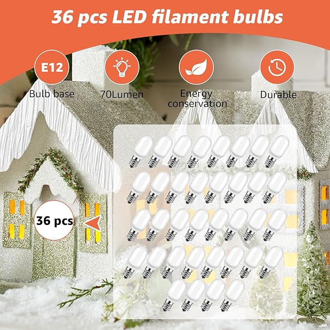 36PCS Christmas Village Replacement Light Bulbs-T20 Replacement Led Light Bulb,E12 Candelabra Base 0.7W 120V LED for Village Houses,Christmas Tree,Dept 56,Halloween Pumpkin Decor Accessories