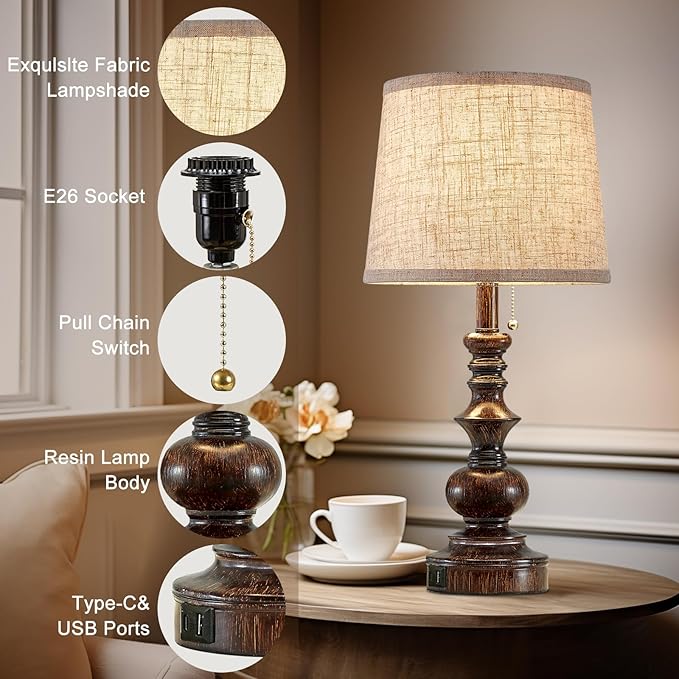 22'' Farmhouse Bedside Table Lamps Set of 2 for Bedroom Nightstand Lamps with USB A+C Charging Ports Traditional Small Table Lamp for Living Room End Tables,Pull Chain,Bulbs Not Included